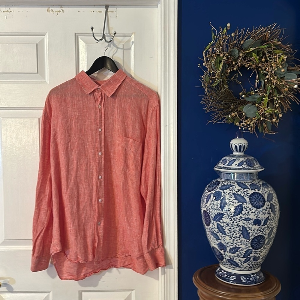 Men’s J. McLaughlin Salmon Colored 100% Linen Long Sleeve Button Down Size XL